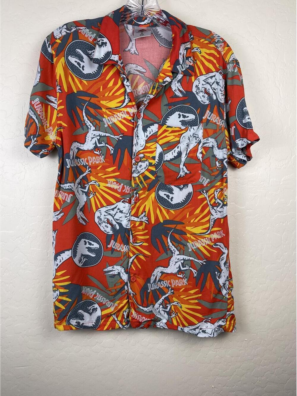 Jurassic Park Rayon Short Sleeve Button-Up Shirt Size Small